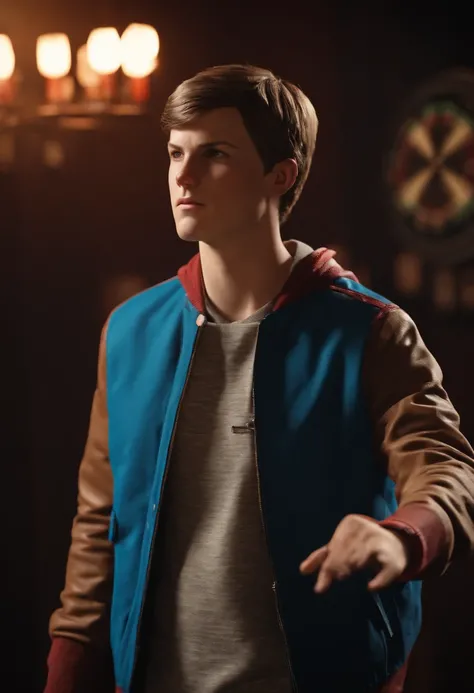 A photo of Nathan angrily throwing darts at a dartboard,Life is Strange video game series,Nathan is a teenage boy with blue eyes, slicked back light brown hair, light freckles, wears a red letterman jacket, mean expression, male