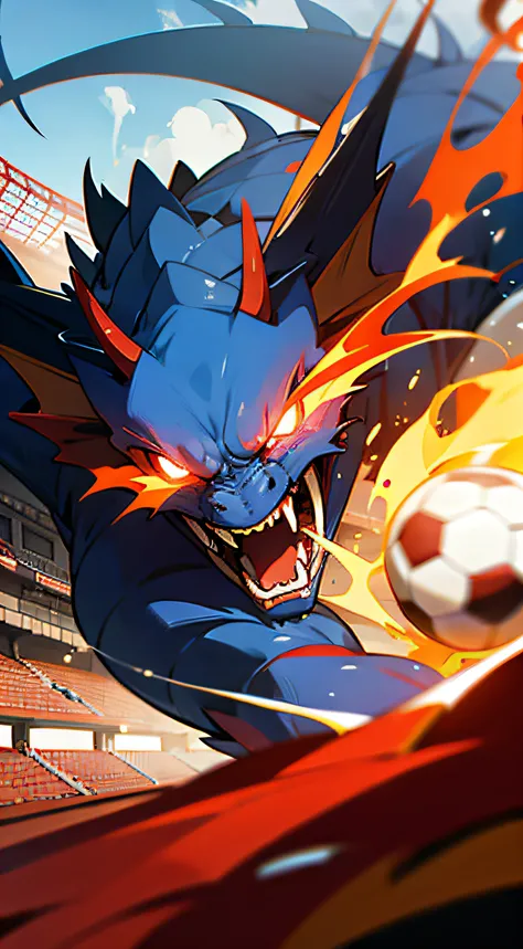 anime styled red and blue dragon spitting fire on a soccer ball inside a stadium