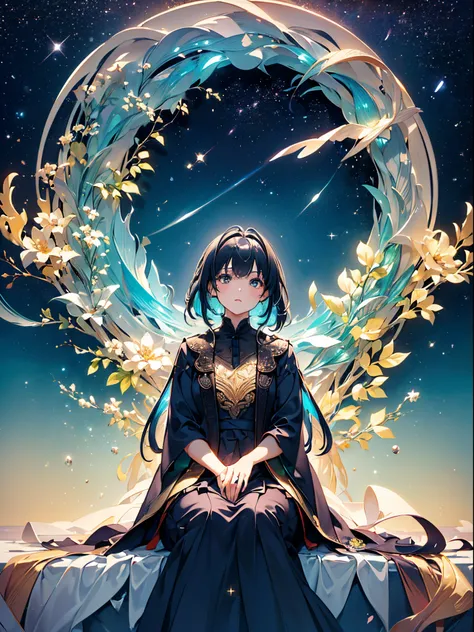 A girl sitting (((Looking up watching the stars))), starry sky with waning moon, a single tree at her side, flowers, hair moving with the wind, full body, {unit CG wallpaper of 16k extremely detailed}, expansive landscape photography, (a low view with focu...