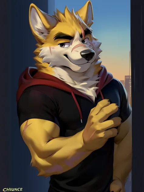 masterpiece, best quality, nj5furry,furry male, 1boy, furry, male focus, solo,animal ears, formal, wolf ears,wolf boy, smile ,
white fur, yellow fur, brown fur, two-tone fur,black eyes, black shirt, red hood, black hoodie,  thick eyebrows, tail, scar on ey...