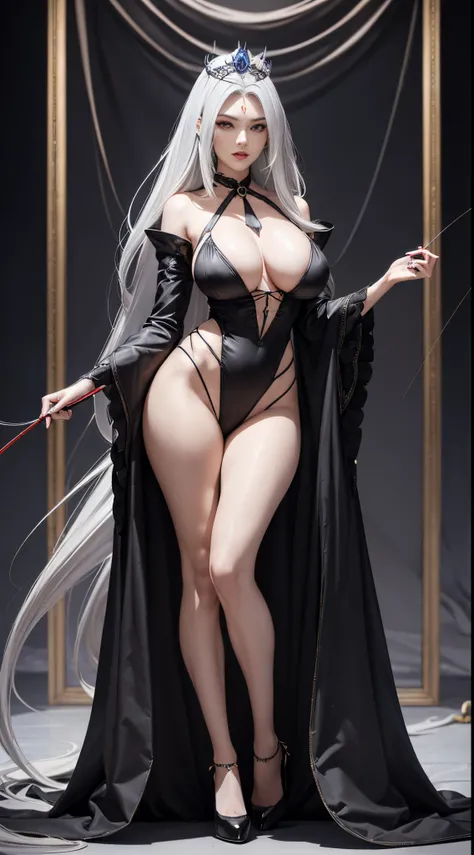 A vampire woman,Full body photo，There is a very gorgeous big crown on the head，Gorgeous costumes，neck rings，bangle，leg loops，Beautiful appearance，Extremely perfect face shape，she has a very tall, slim sexy body，Have extremely exaggerated big breasts，elonga...