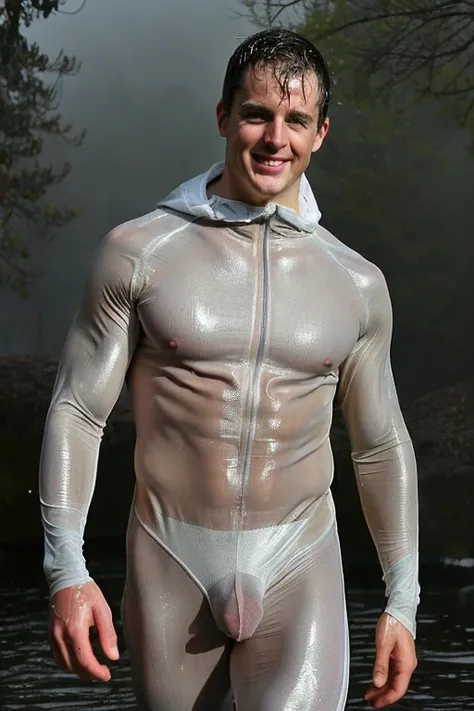 (full head in photo:1.5), pietroboselli person[[(transparent see through long sleeve hooded suit:1.2), muscular, [detailed face]]], detailed background, highly detailed hdr photo, nsfw, six packs, bulge, vpl, looking at viewer, walking towards viewer, cine...