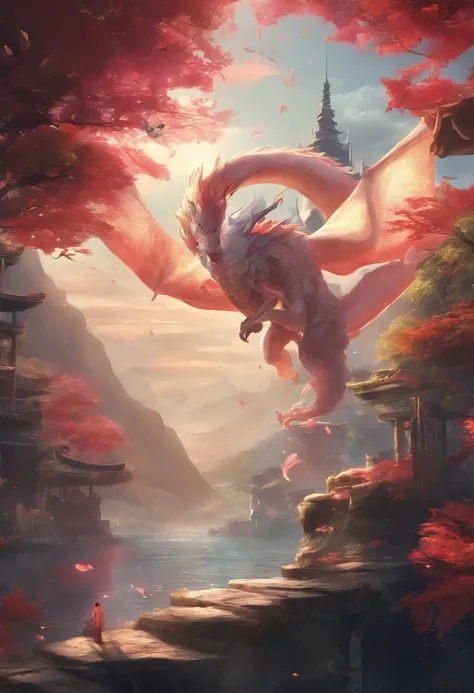 movie picture quality，style of disney animation，A dragon plays games in the sea with a koi carp in its arms，Glass bottle，glass in sky，Chinese dragon anthropomorphic image，red colour，depth of fields，to emphasize，Real light，ray traycing，oc rendered，hyper rea...