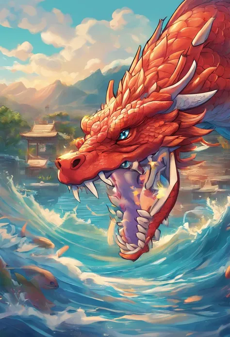 movie picture quality，style of disney animation，A dragon plays games in the sea with a koi carp in its arms，Glass bottle，glass in sky，Chinese dragon anthropomorphic image，red colour，depth of fields，to emphasize，Real light，ray traycing，oc rendered，hyper rea...