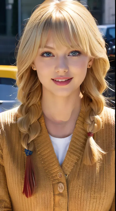 Filming a movie，high-definition picture,(masutepiece), (Best Quality),（ superwoman and taylor swift&#39;s face, ）Best Quality, ultra-detailliert, 1girl in, Solo, Blonde hair, Long braided hair, Golden Eyes, Bangs, medium breasts, tie,  Smile, (kawaii: 1.2)...