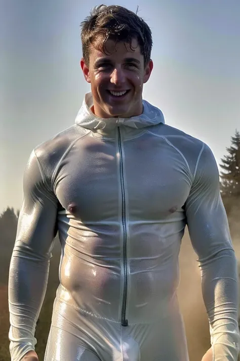 (full head in photo:1.5), pietroboselli person[[(transparent see through long sleeve hooded suit:1.2), muscular, [detailed face]]], detailed background, highly detailed hdr photo, nsfw, six packs, bulge, vpl, looking at viewer, walking towards viewer, cine...