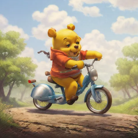 (8k、raw photography、top-quality、​masterpiece:1.2)、(realisitic、photorealsitic:1.37), winnie the pooh riding a bike, winnie the po...