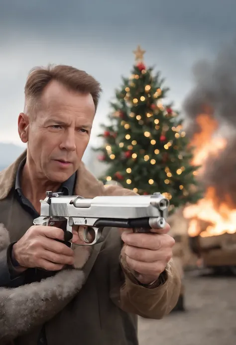 movie「die hard 2」Famous scenes of、Bruce willis、Snow Airport、terrorist、gun fight、Christmas tree、hold a gun、Yuki、Yuki、Yuki、white Christmas、Christmas tree、Aircraft burning in the background、gun fight、