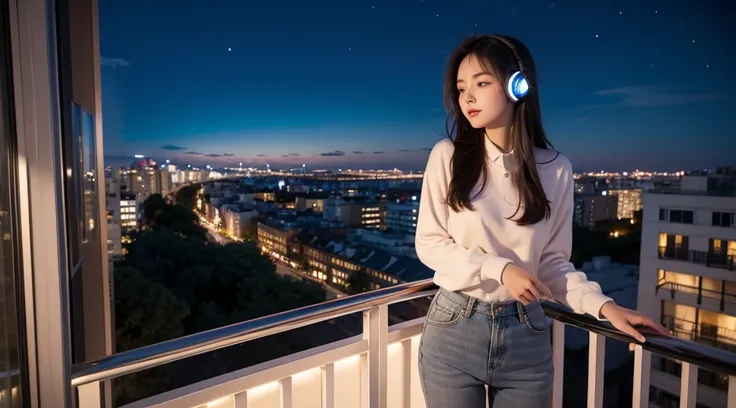 A girl stands on a balcony, her headphones on as she takes in the beauty of the city at night, the warm lights and colorful sky creating a stunning backdrop.