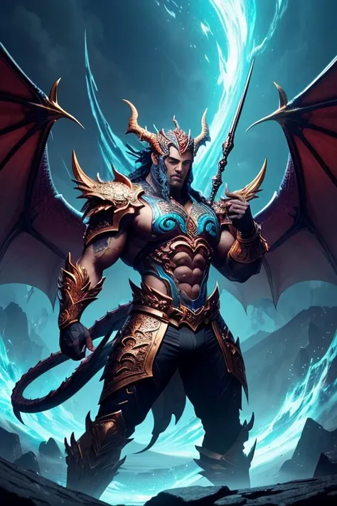 A powerful and strong man perfectly integrated with the essence of the dragon, Imaginative and visually striking digital artwork, (This man exudes confidence and grace with dragon-inspired elements such as scales, wings, or subtle fiery details), A mythica...