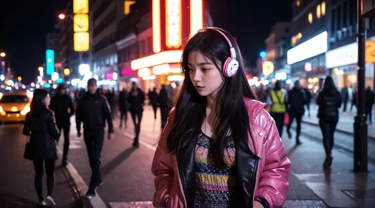 The night comes alive as a girl wearing headphones walks through the city, the colorful lights and sounds of the city blending with the music in her ears.