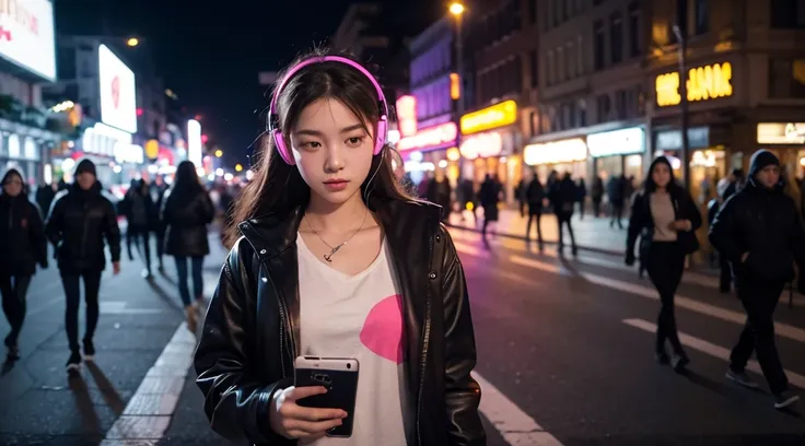 The night comes alive as a girl wearing headphones walks through the city, the colorful lights and sounds of the city blending with the music in her ears.