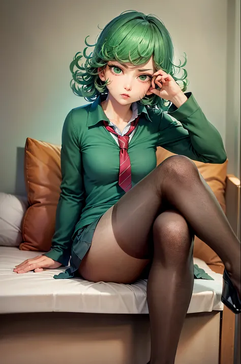 (masterpiece, best quality:1.2), solo, 1girl, tatsumaki, unamused, closed mouth, looking at viewer, hand on own face, sitting, crossed legs, collared shirt, necktie, skirt, pantyhose