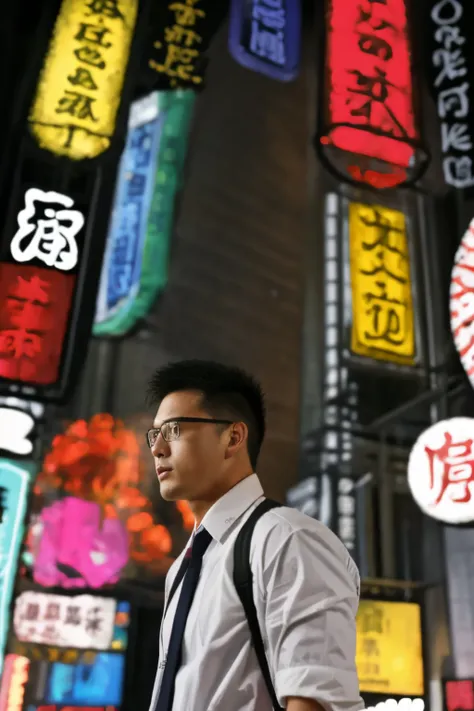 ((1 Hong Kong man, big bumps, Stubble)). ((30 year old muscular man wearing glasses)), reflective short windbreaker, White long-sleeved shirt and tie, and leather shoes. Full body, Soft lighting. In the city of neon lights and TV walls.(masutepiece, Best Q...