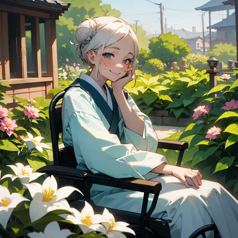 1female, elderly, wrinkled face, wrinkled skin, grey bun, wheelchair, light smile, garden with flower, village, lanterns