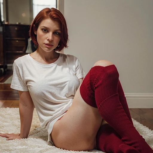 45yo busty Claire Danes. (Dark red hair) (short hair)  (My so-called life),  sexy, long wool socks, (red socks), legs, older, (white shirt)