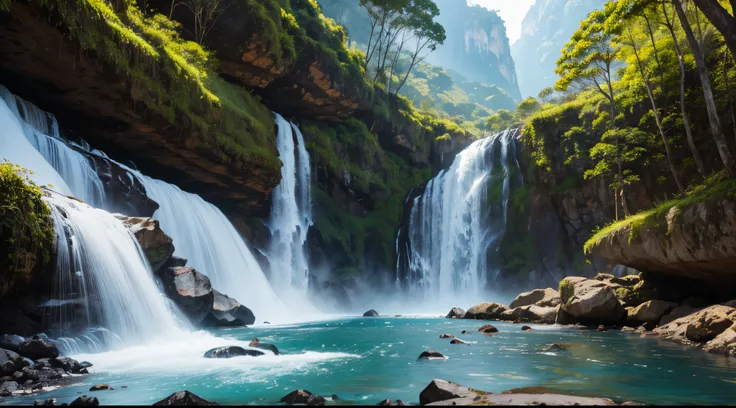 obra-prima, melhor qualidade, arte oficial, extremamente detalhado CG unidade de papel de parede 8k, illustration, cachoeira, vista de cima, ethereal landscape