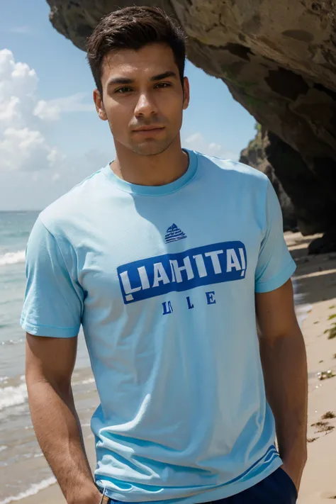 homem de camiseta bonita, em uma praia, imagem de alta qualidade