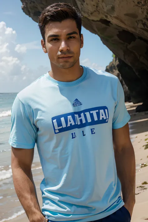 homem de camiseta bonita, em uma praia, imagem de alta qualidade