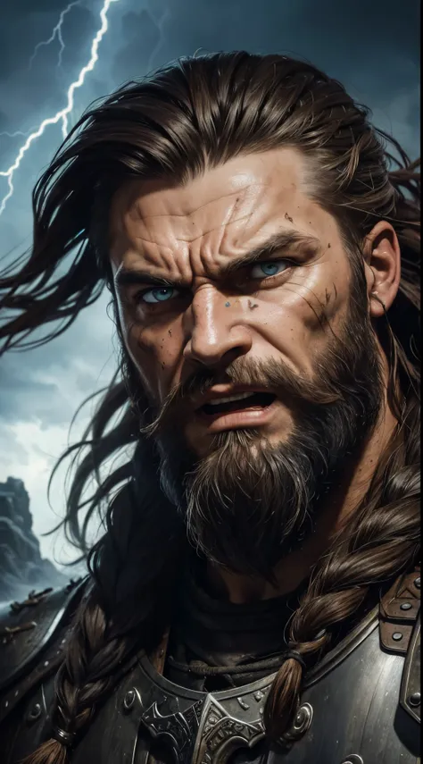 (a furious, angry screaming viking, close-up), (oil painting, vivid colors, highres), (battle-worn armor), (expressive face, detailed eyes and mouth, furrowed brow), (long, flowing hair, braided beard), (intense gaze), (background of a raging storm), (dyna...