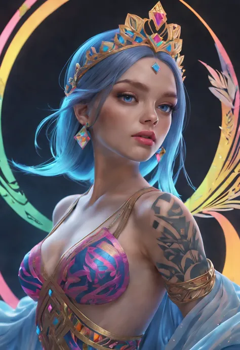 (best quality,4k,8k,highres,masterpiece:1.2),ultra-detailed,(realistic,photorealistic,photo-realistic:1.37),neon art,motion blur,glowing tattoos,A princess,detailed geometric shapes,colorful vividness.