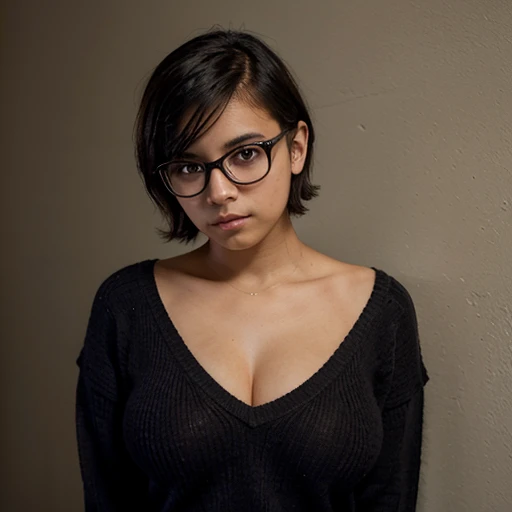 Nerdy petite Emo mexican teen with short volumetric hair and huge breasts wearing a v neck sweater.