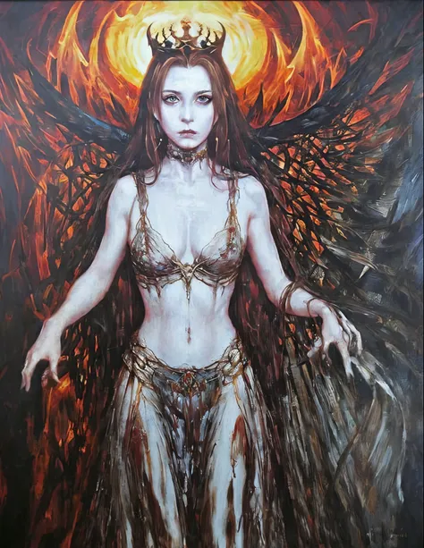 Queen of Hell, Lucifer, Hell, long brown hair, bangs, old painting