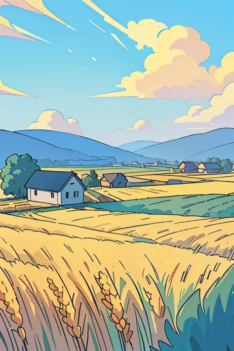 lake scene，nature scenes，small houses，Perfect anime illustration，Blue gradient sky，Thick clouds，Idyllic，rural area，Gradient golden wheat field，NOhumans，The golden wheat fields are more layered，hyper realisitc，dynamic，The sun shines