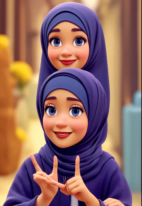 Pixar character, a cute hijabi woman looking into the camera posing with a peace sign and winking