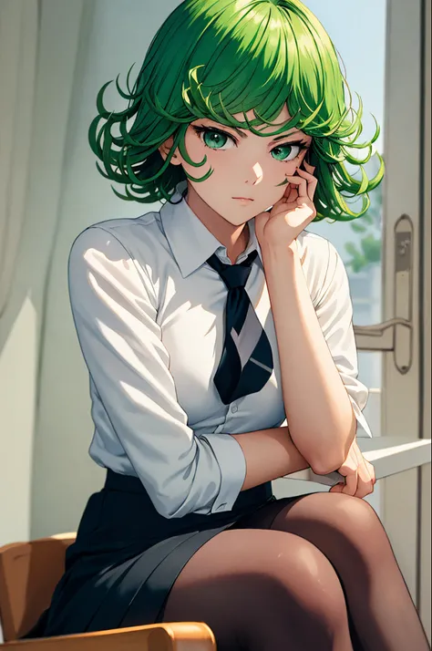 (masterpiece, best quality:1.2), solo, 1girl, tatsumaki, unamused, closed mouth, looking at viewer, hand on own face, sitting, crossed legs, collared shirt, necktie, skirt, pantyhose