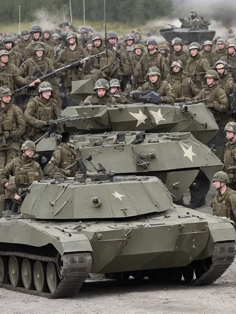 Create an image of the Russian army winning the war against Ukraine and NATO.