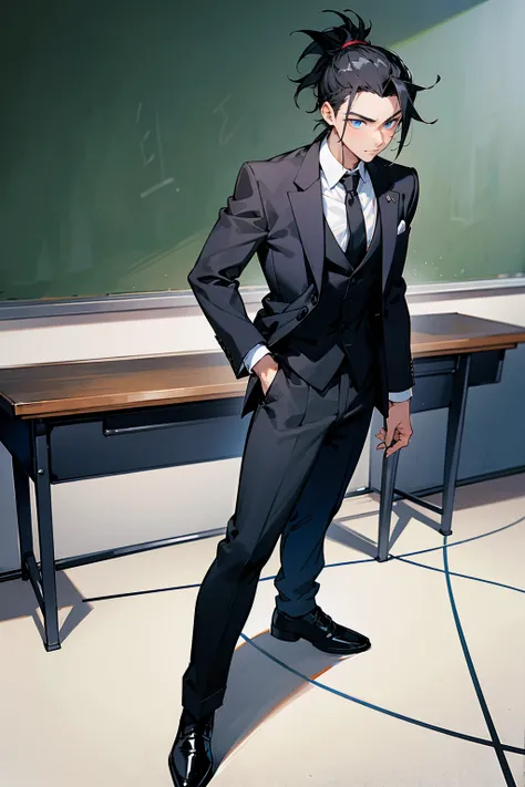 1male, adult, black hair, manbun, messy hair, blue eyes, black and white suit, standing infront of chalkboard, classroom standing on path