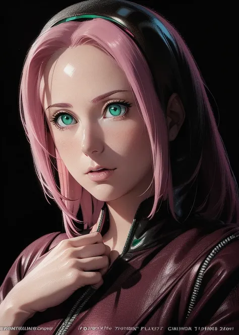 young woman, slender, small breasts, peach skin, short pink hair, wide forehead, pink eyebrows, emerald green eyes, buttoned nose, pink lips, heart-shaped face, red leather dress, Sakura Haruno, black leather gloves, realistic , 3d, 8k