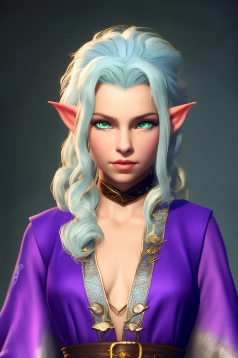 Portrait of a young elf woman, sorcerer, blue Draconic bloodline (has a bit of blue scales on her cheeks and neck), uses light crossbow, has white, a bit of blue hair, skin is pale, eyes are yellow, wearing royal violet robe