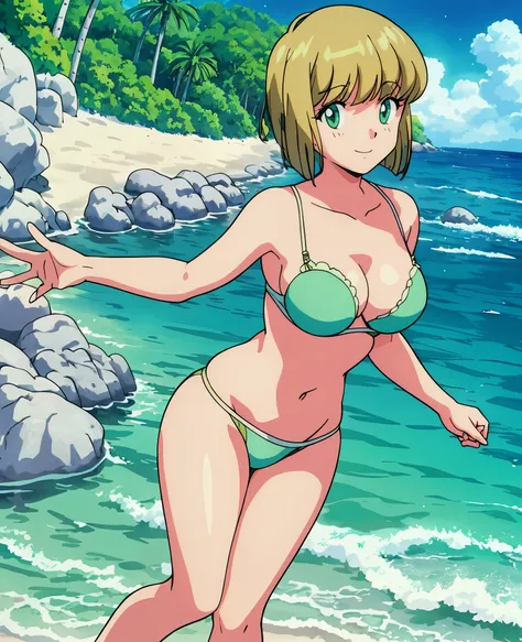 masterpiece, best quality, 1girl, solo, (hosokawa miki:1.4), green eyes,short hair, blonde hair, breasts, sexy smile,masterpiece...