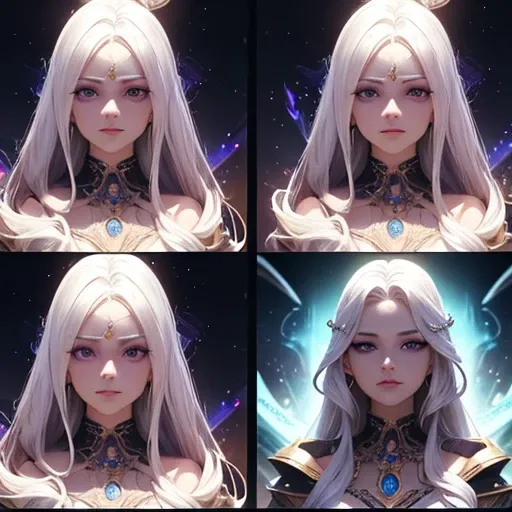 ((character sheet)), (various angles and expressions),((2 angles per sheet)), close up, bust only, close up of a woman with long hair, curly hair, (white hair), and a dress purple, Anime Girl with cosmic hair, beautiful digital art, beautiful beautiful dig...