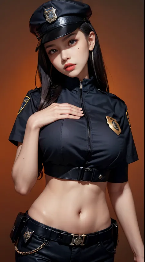 simple background (in womens police uniform and police cap: 1.4), good hand, 4k, high resolution, masterpiece, best quality, head: 1.3, ((Hasselblad photo)), finely detailed skin, clear focus, (cinematic lighting), soft lighting, dynamic angle, [:(detailed...