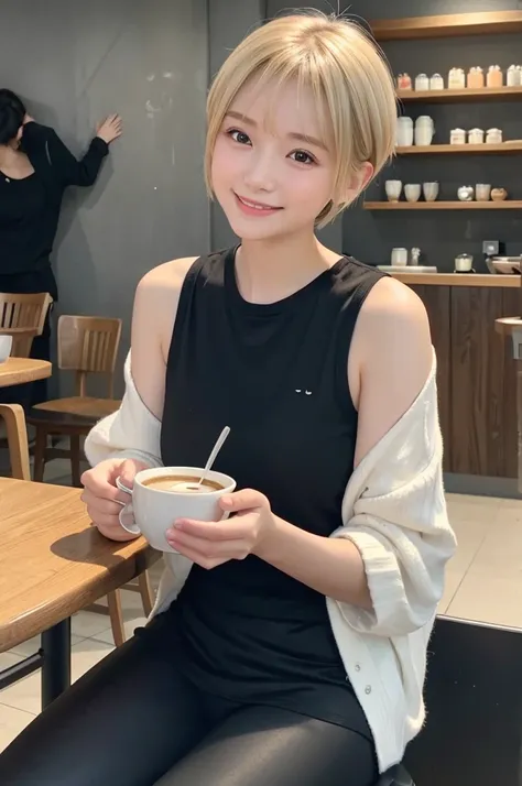 Ultra-realistic 8K CG, Picture-perfect face, "１９An old woman、Blonde shorthair、Wearing casual clothes and relaxing in everyday life。She wears comfortable black leggings and a simple black top、Im wearing white sneakers。Enjoy coffee at your favorite cafe、Havi...