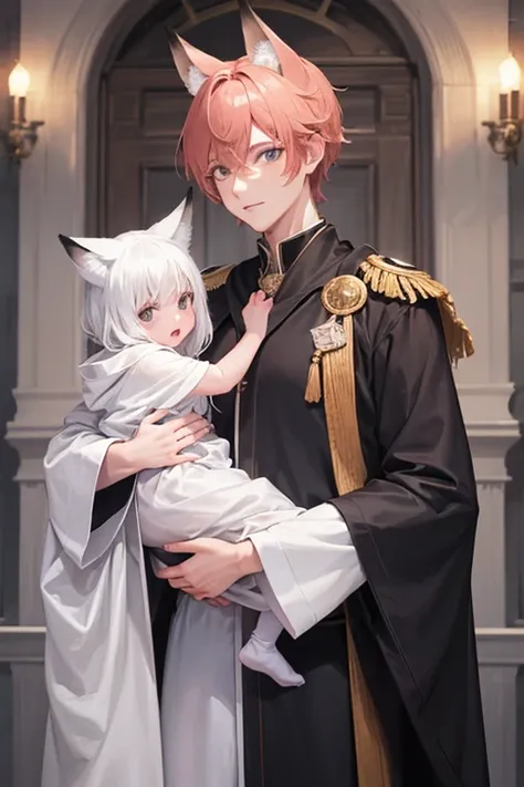 Male, mature, 28 years old, fox ears and tail, with a male baby in his arms, robes, tall, manly