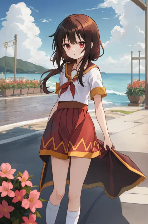 1girl (Megumin)em、only one、saia pelo、cabelo castanho curto、red eyes、saia branca、A camisa、saia plissada、comprimento do cabelo、sentado;、roupas escolares、camisa branca、manga comprida、sapato branco、colar de marinheiro、Ryōbi、Ao ar livre、Bancos、loop tape、Floral、...