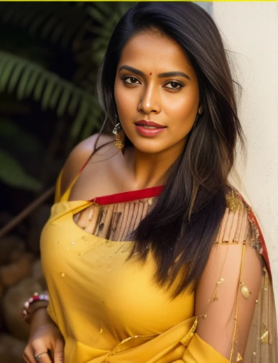 day scene, extreme close up photo of seductive indian model from top view wearing semi yellow top with big breast, big cheeks, r...