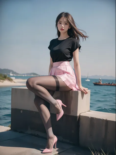 (Full body:1.5)，(1girl in:1.3),(view the viewer:1.4)，(anatomy correct:1.3),(Sitting in the sea:1.2),(Pink and blue elastic skirt :1.2),( Dim Grey Pantyhose:1.3),( The girl pointed out thick heels :1.1)，(Accurate and perfect face:1.3),hyper HD, Ray traching...