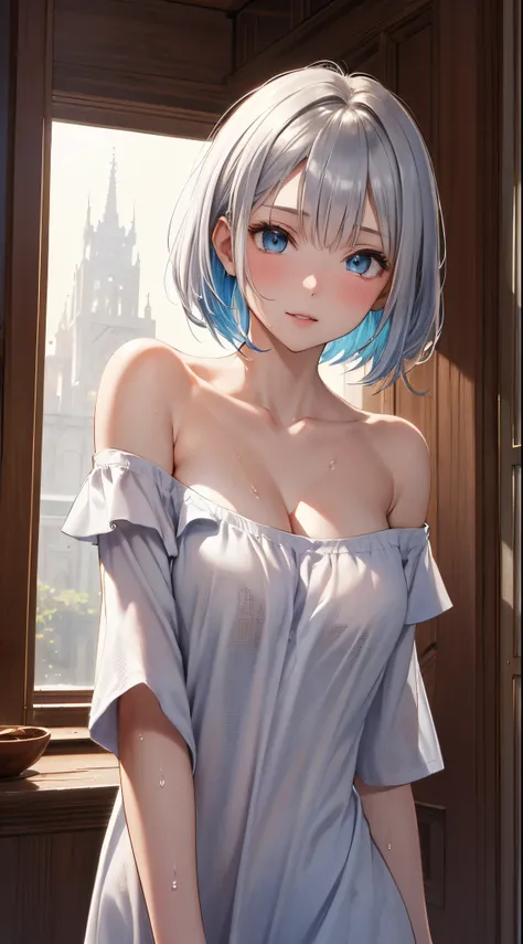 NSFW:1.8,（Front photo:1.5,From below:1.8),1girl in:1.2, Cute, BREAK（cleavage, medium breasts:1.3), (plein air), Looking at Viewer, （gradient silver bob cut）, （blue eyess),day,（(Antique room)）, BREAK(PRINTED WET WHITE OFF SHOULDER SHIRT), BREAK（(The lower p...