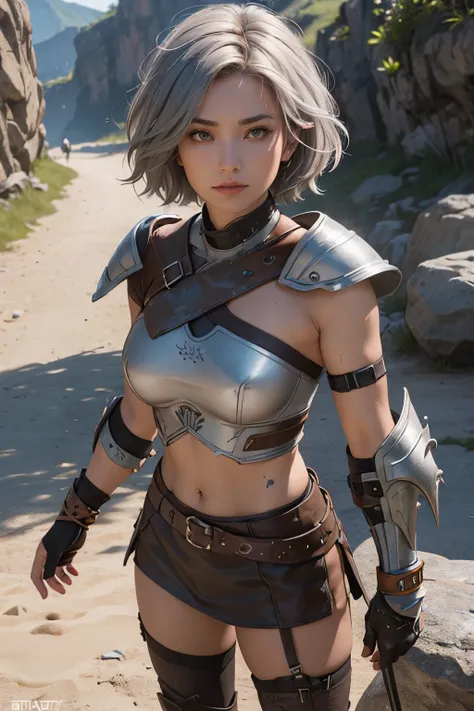 Female warrior,grey hair,short hair,brown eye,strapless top brown,grey rock armor,brown rock shoulder,brown rock wristband