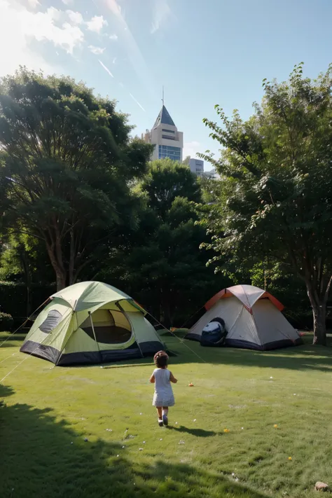 1 mom and 1 little girl，Hand，foot on foot，enter，A small circular lawn on the roof of a building，There are camping tents inside，The back