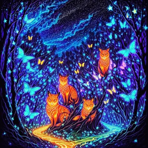 (black light art drawing: 1.8），In this black light art illustration，A mysterious night sky spreads before our eyes。In the dark，through the boundless universe，Stars dot the sky，Shine a faint yet brilliant light。These stars are not traditional white，Instead ...