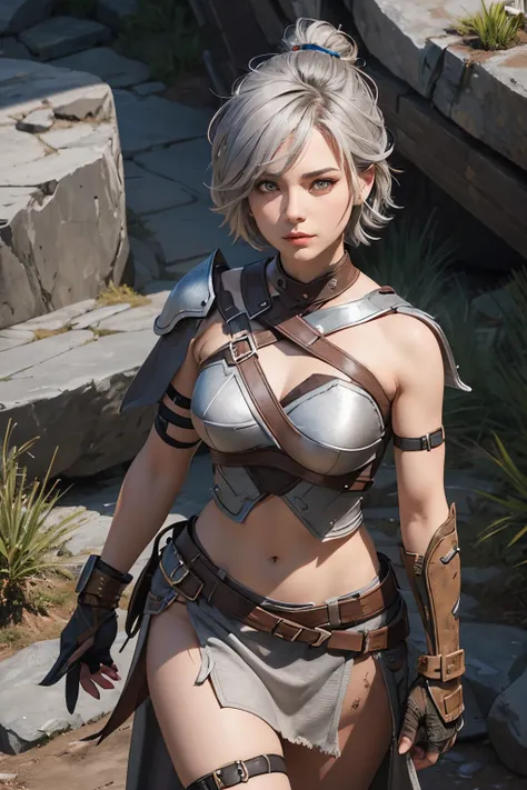 Female warrior,grey hair,short hair,brown eye,strapless top brown,grey rock armor,brown rock shoulder,brown rock wristband