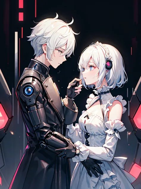 A love story between an android and a human in their 20s、tragic love、android（male people、A dark-haired、short-hair、The whole body is made of machines、Even the ears are made of machines.）、The human（femele、white  hair、wearing frilly clothes、Crying face）Cyberp...