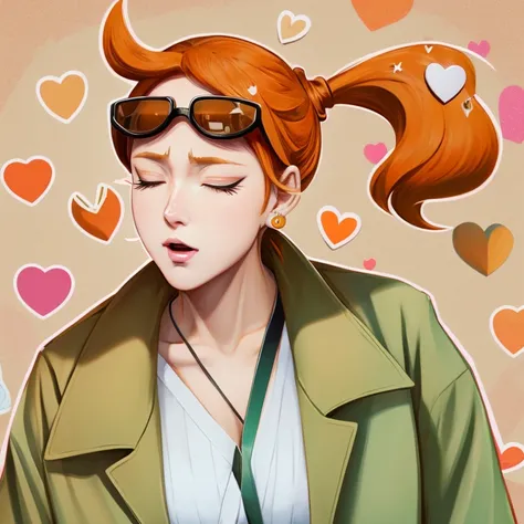 orange hair, sneeze, side ponytails, heart hair ornament, eyewear on head, brown trench coat, pants,side ponytail,orange hair, heart hair ornaments, sneeze, eyewear on head,Sonia (pokemon), sunglasses, heart hair ornament, labcoat, green shirt, crop top, p...