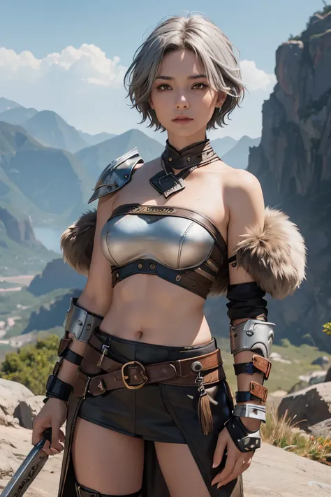 Female warrior,grey hair,short hair,brown eye,strapless top brown,grey rock armor,brown rock shoulder,brown rock wristband